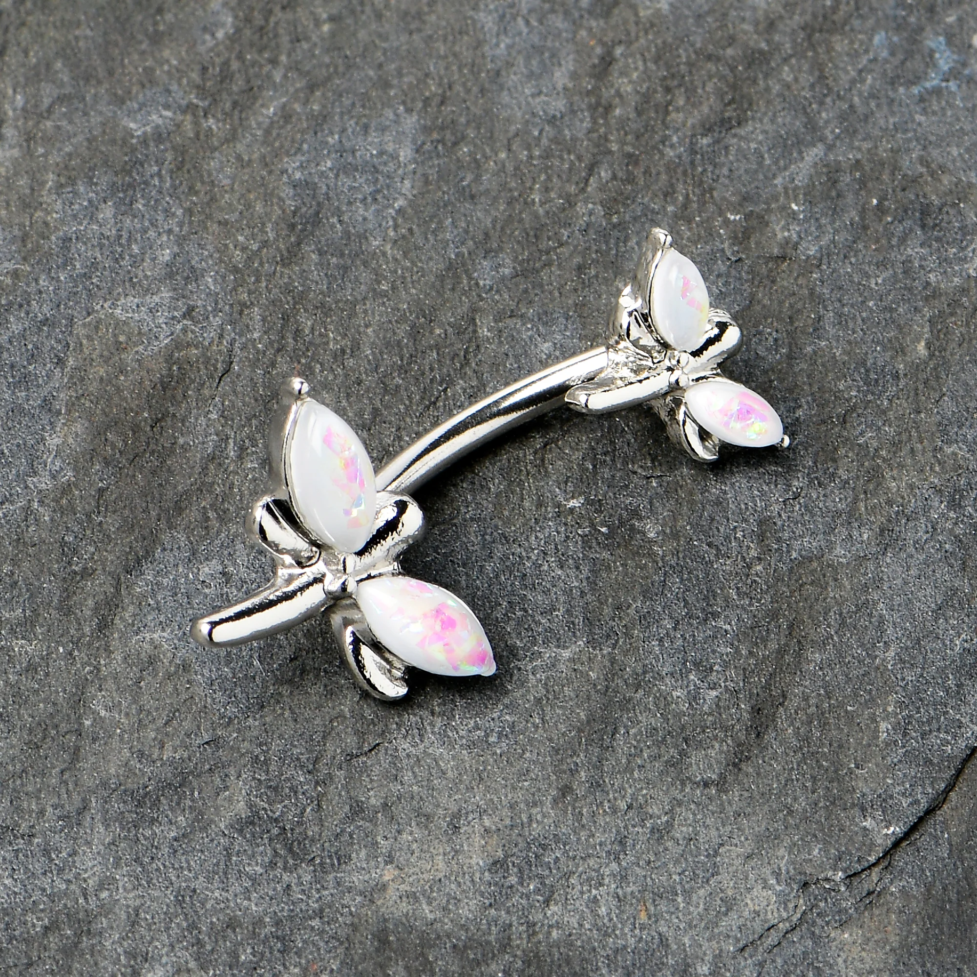 White Opalescent Simple Stylized Dragonfly Double Mount Belly Ring - Image 6