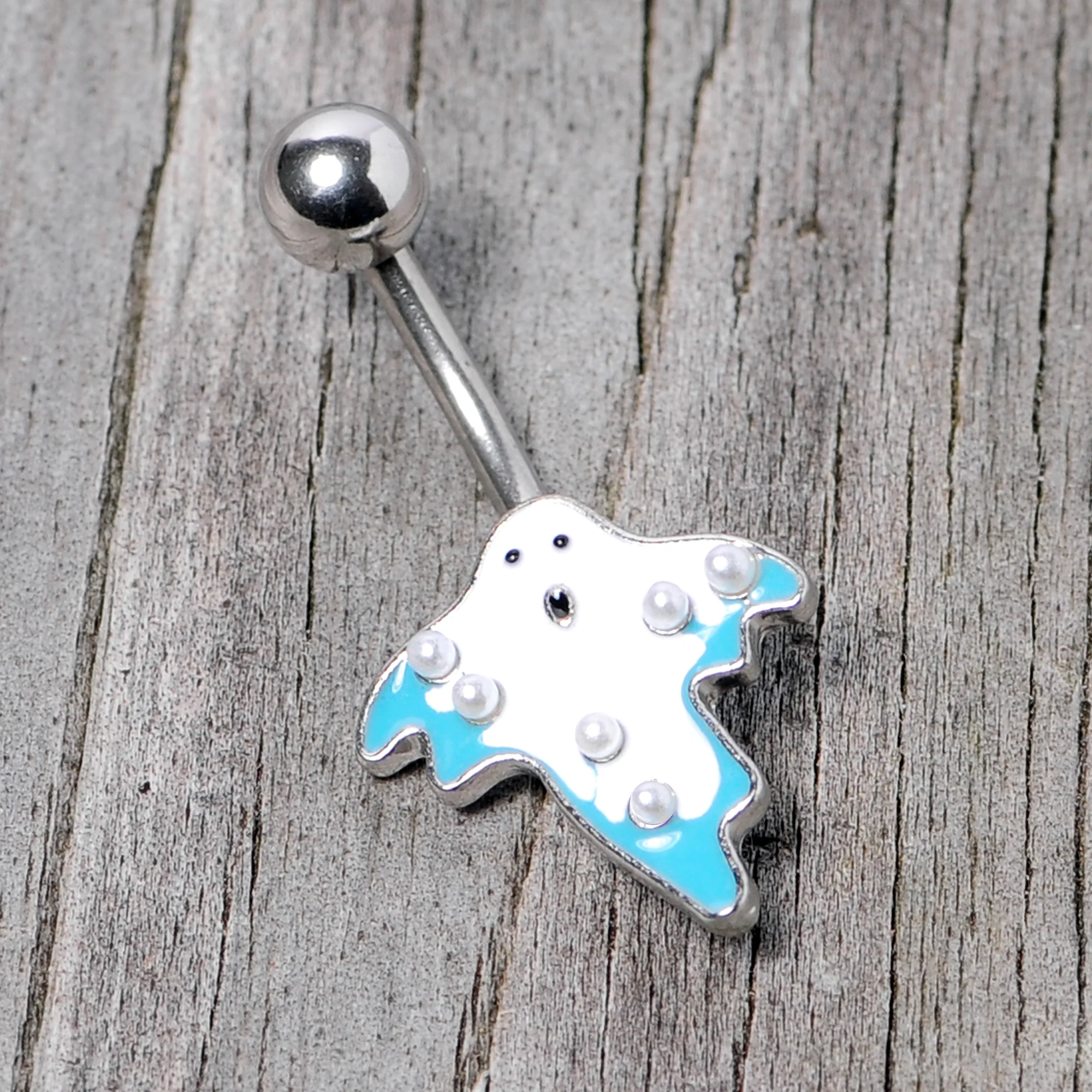 White Orb White Blue Ghost Halloween Belly Ring - Image 4