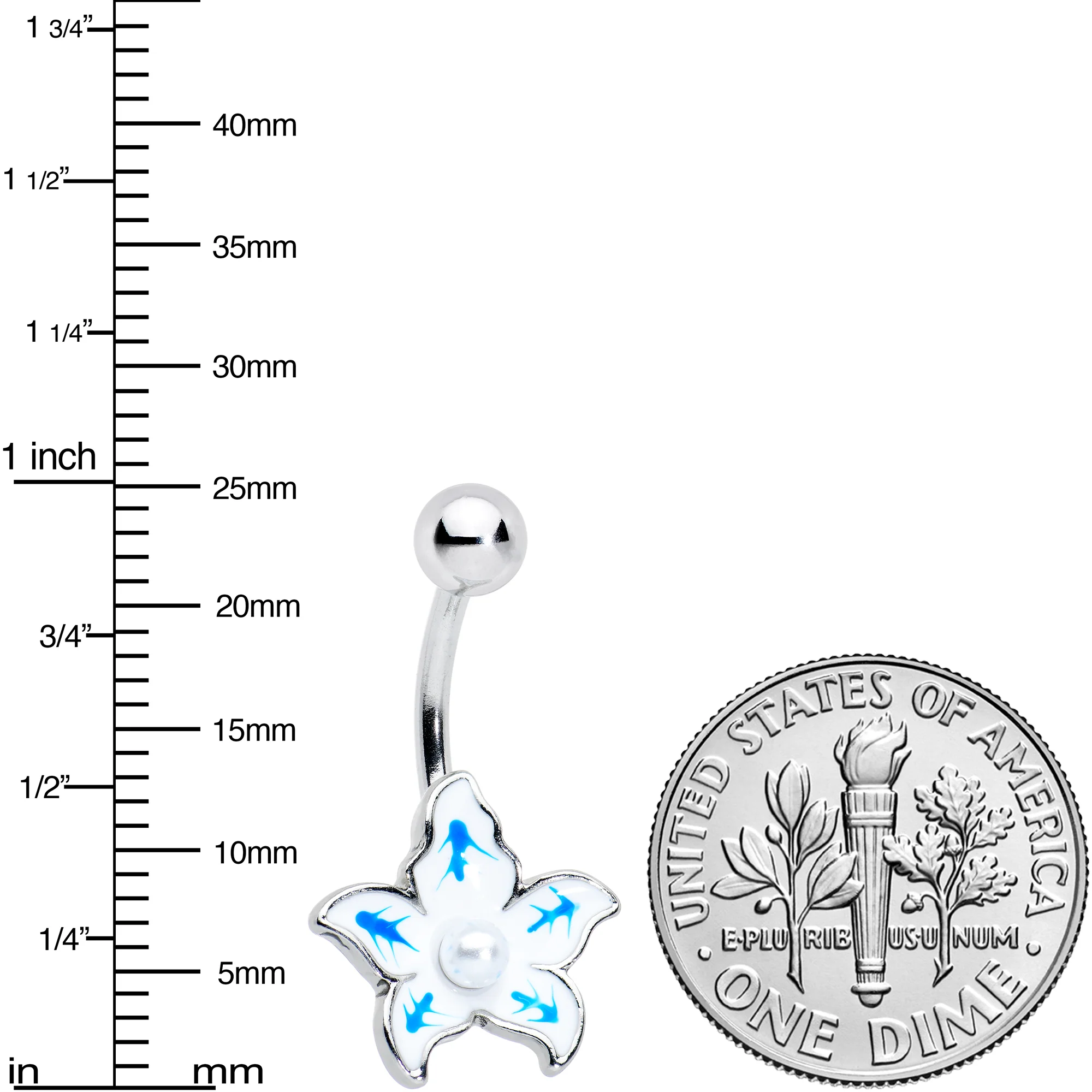 White Pearlescent Orb Blue White Flower Belly Ring - Image 2
