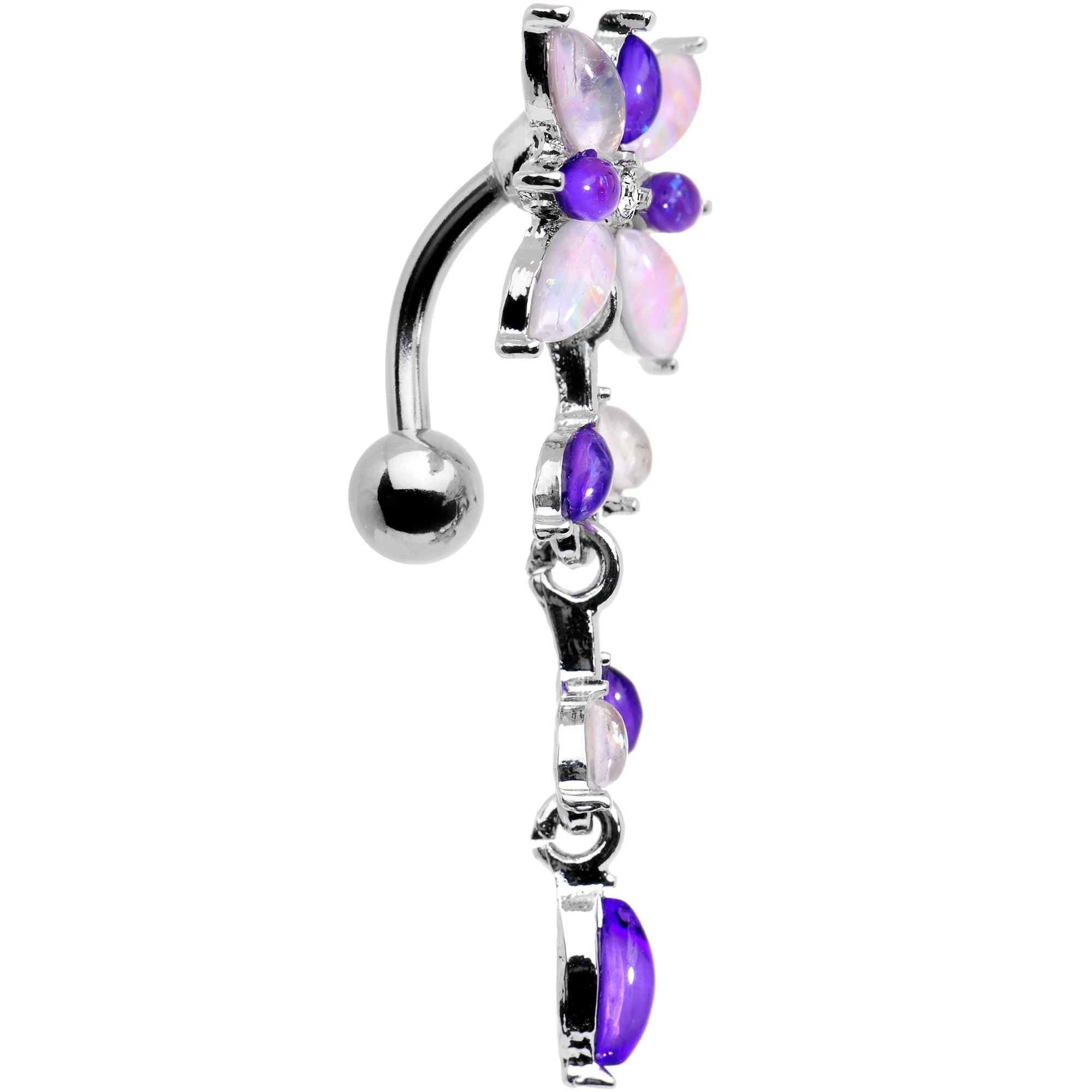 White Purple Gem Frosted Flower Trail Top Mount Dangle Belly Ring - Image 3