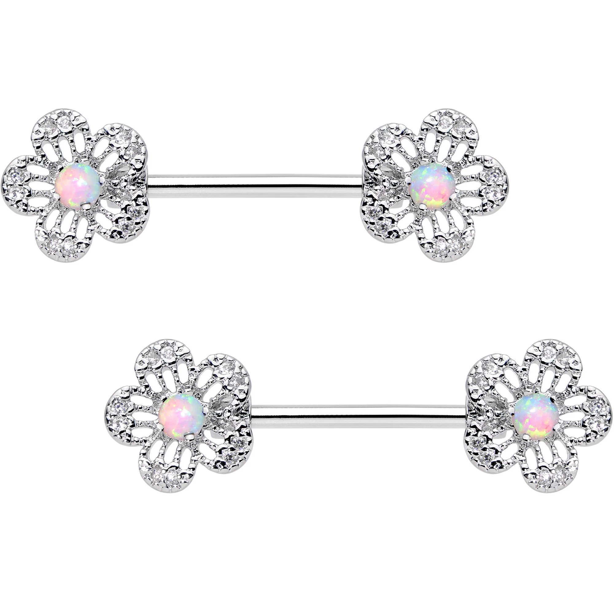 White Synthetic Opal Frozen Flower Barbell Nipple Ring Set
