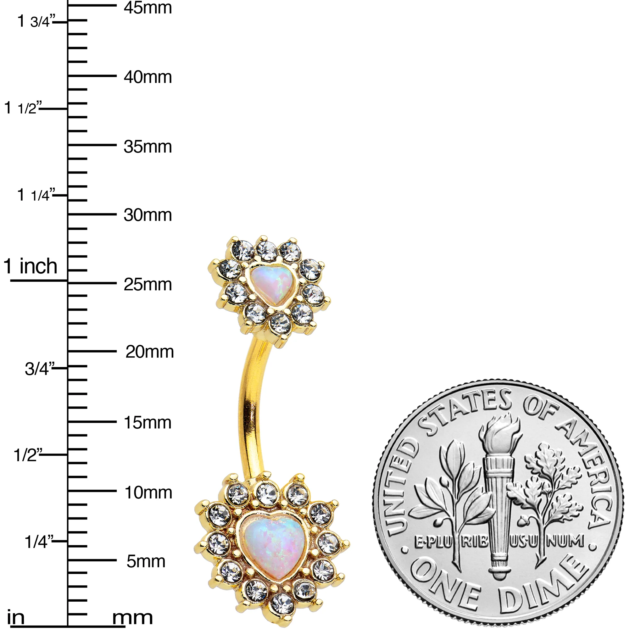 White Synthetic Opal Gold Tone Heart Sun Double Mount Belly Ring - Image 2