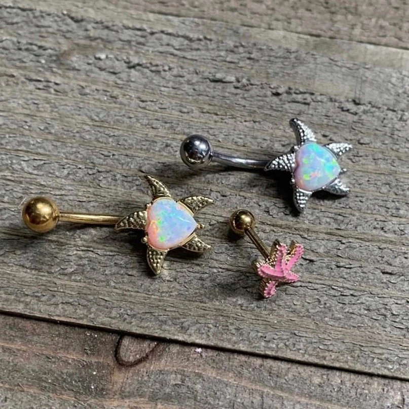 White Synthetic Opal Rose Gold Tone Heart Starfish Nautical Belly Ring - Image 2
