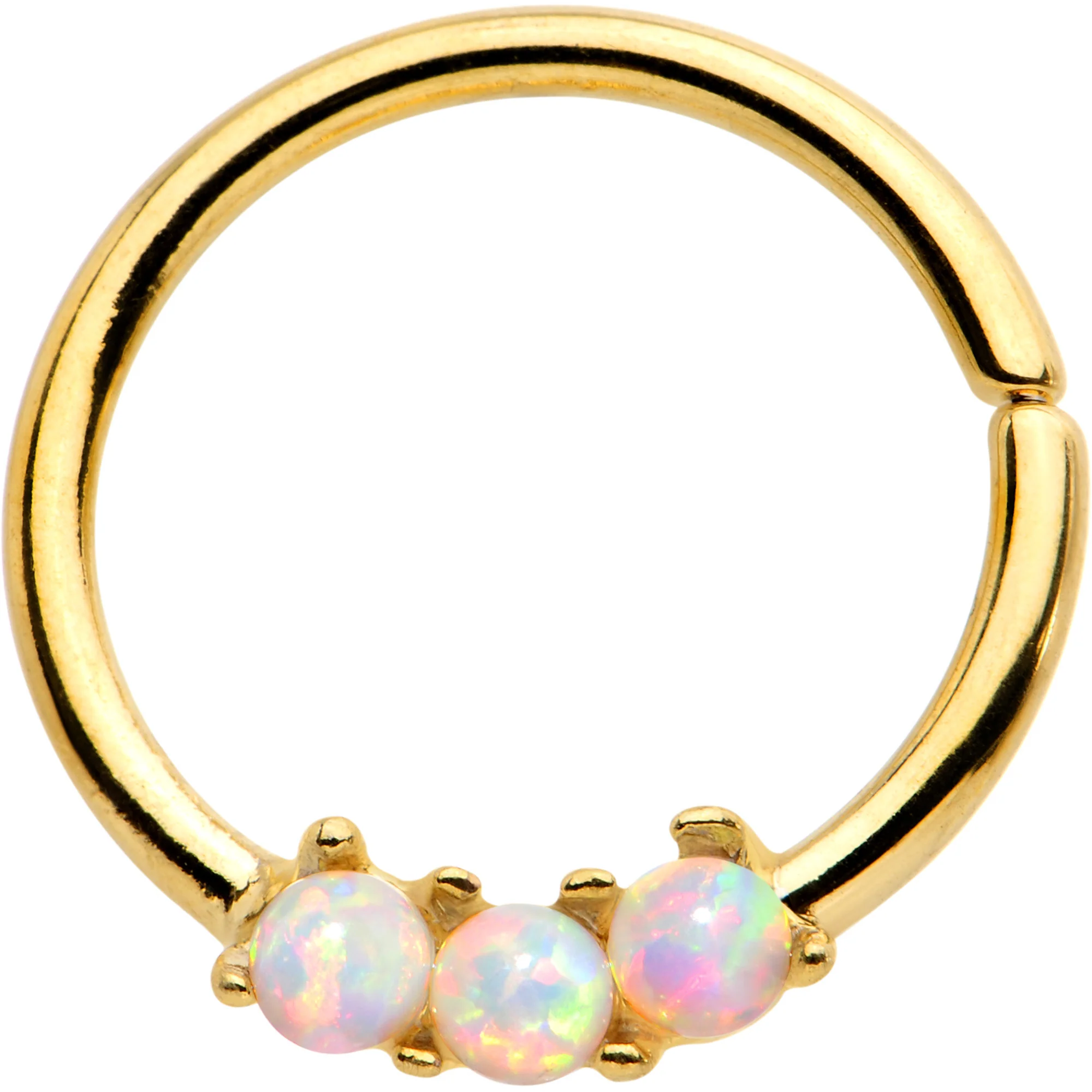 White Synthetic Opal Trio Gold IP Annealed Seamless Circular Ring