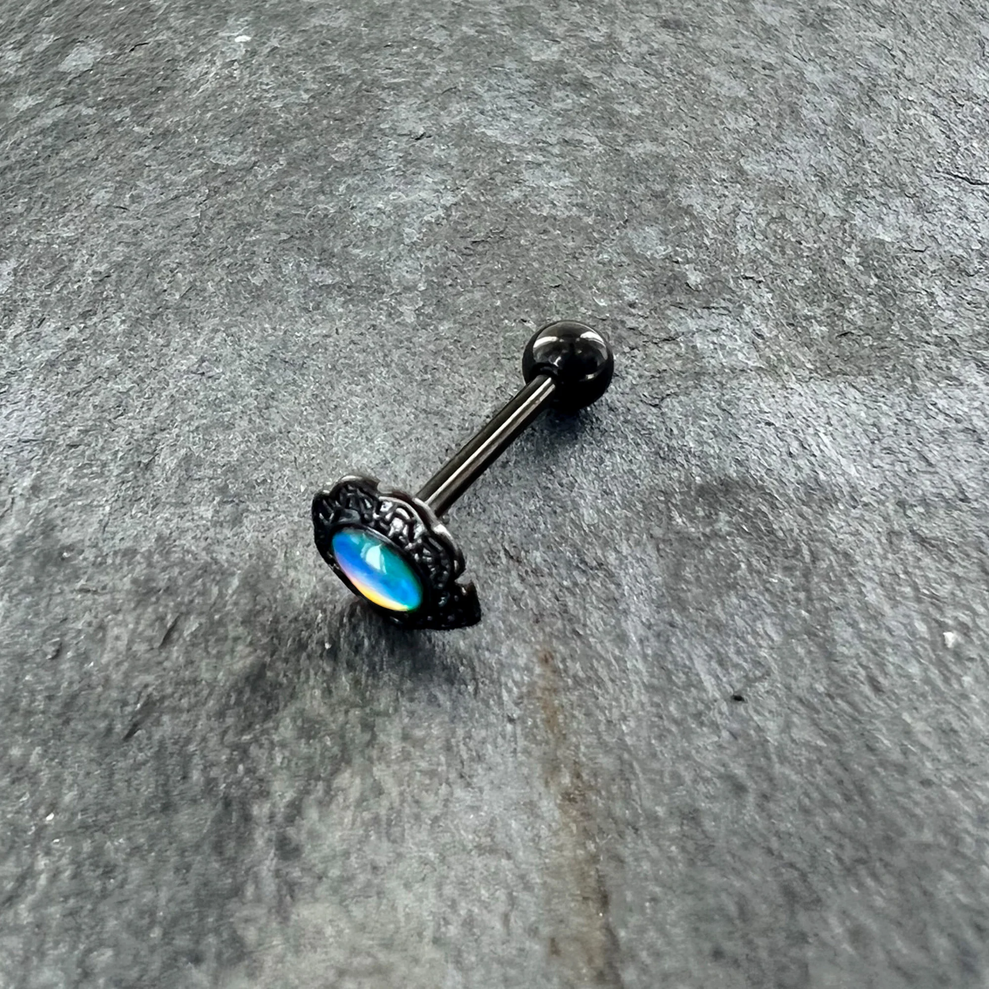 White Tourmaline Black Filigree Fairy Tale Barbell Tongue Ring - Image 6