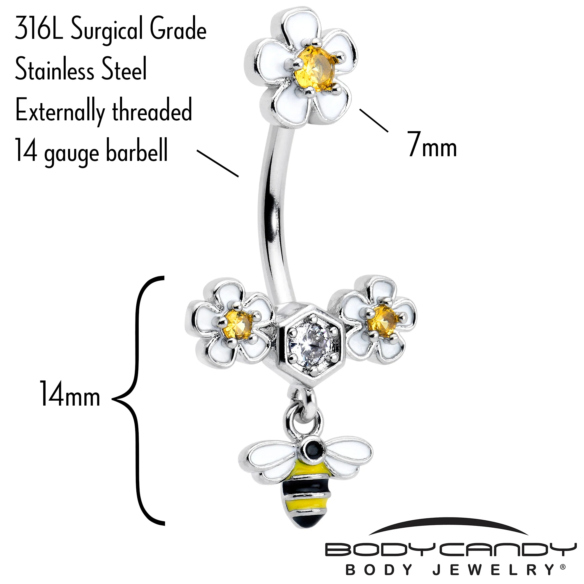 Yellow Clear CZ Gem Flower Bee Dangle Double Mount Belly Ring - Image 2