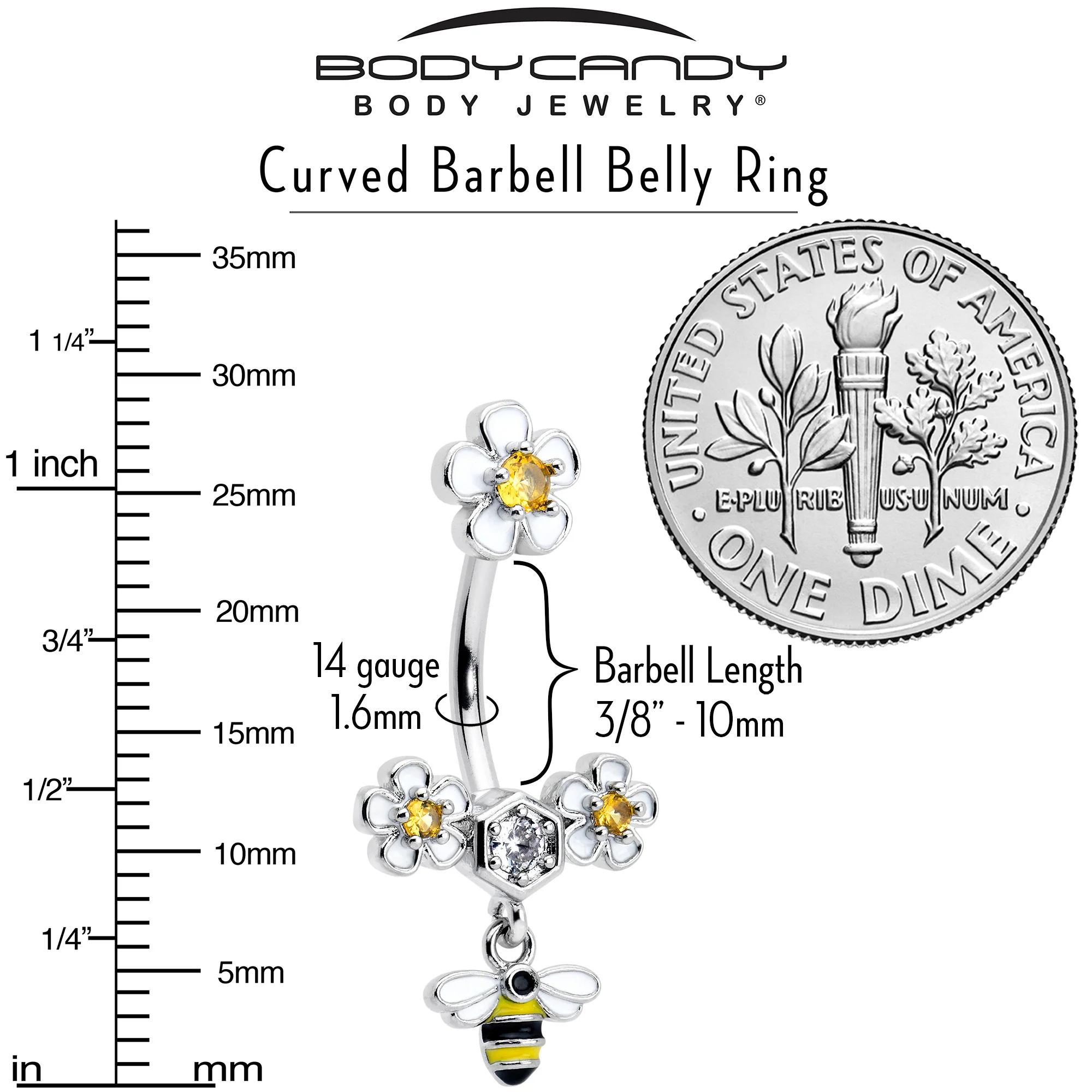 Yellow Clear CZ Gem Flower Bee Dangle Double Mount Belly Ring - Image 3