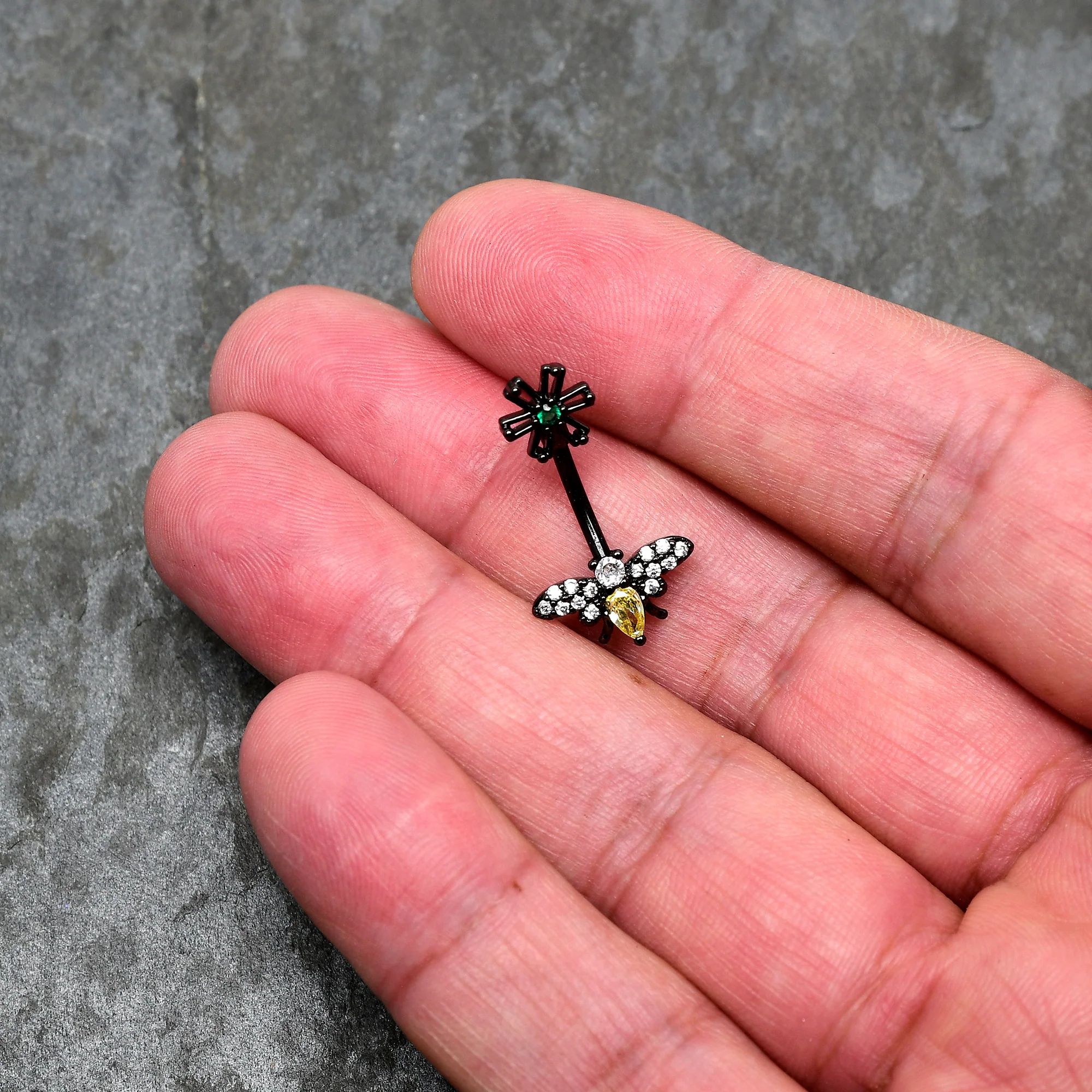 Yellow Clear Green Gem Black Butterfly Flower Double Mount Belly Ring - Image 2