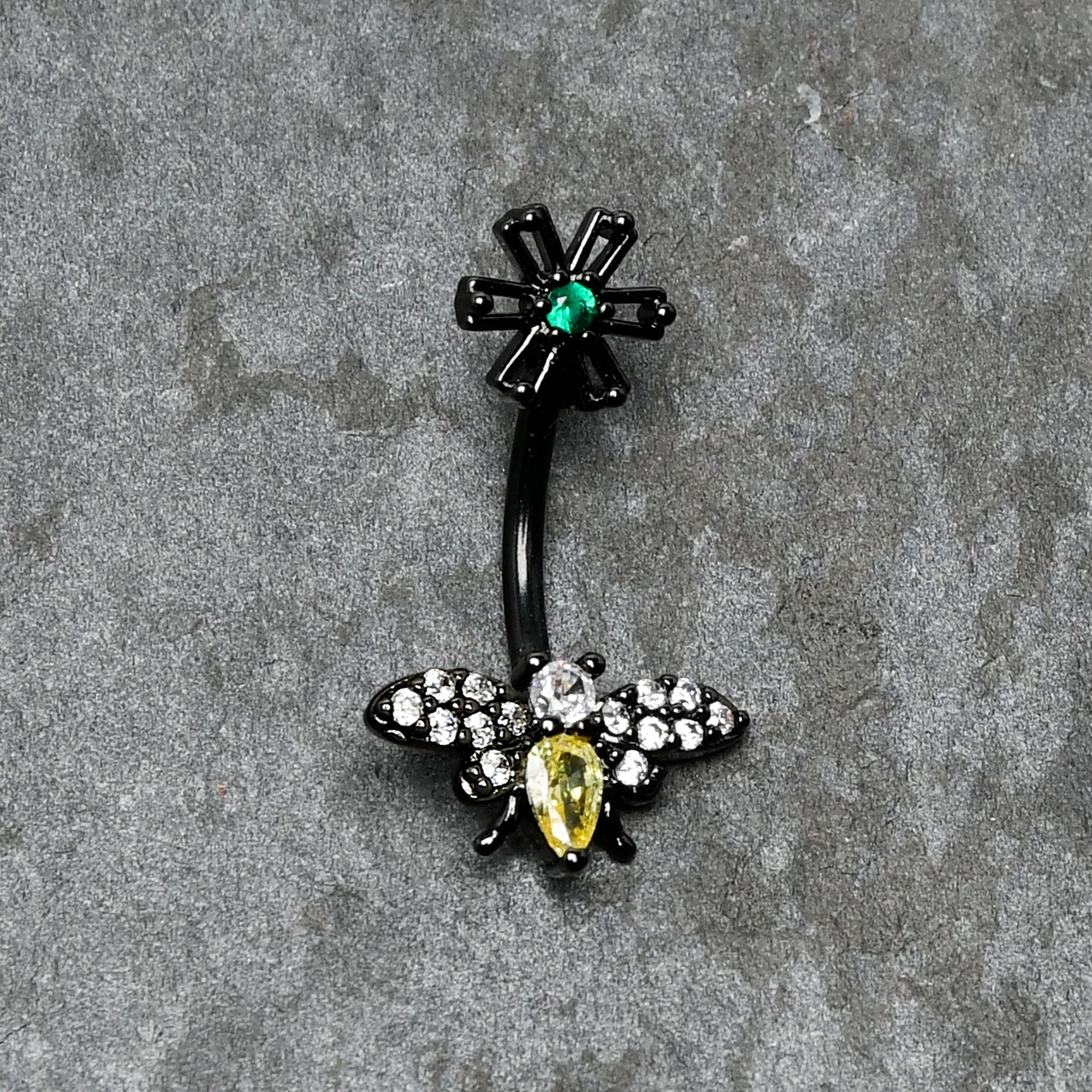 Yellow Clear Green Gem Black Butterfly Flower Double Mount Belly Ring - Image 5
