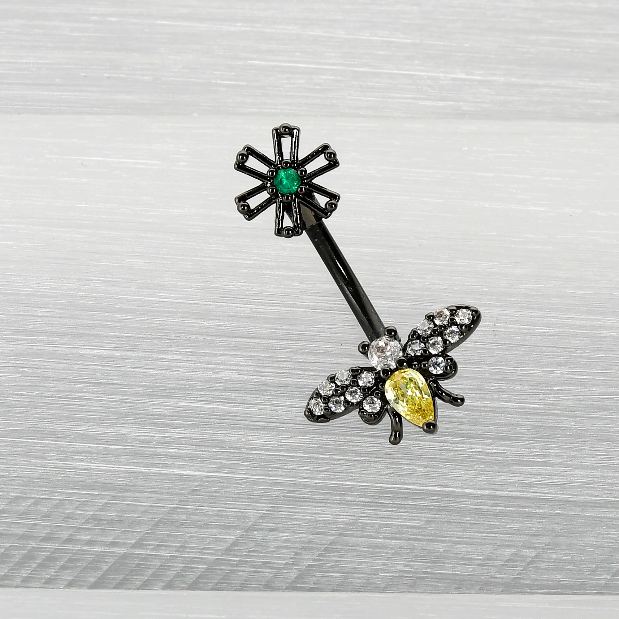 Yellow Clear Green Gem Black Butterfly Flower Double Mount Belly Ring - Image 6