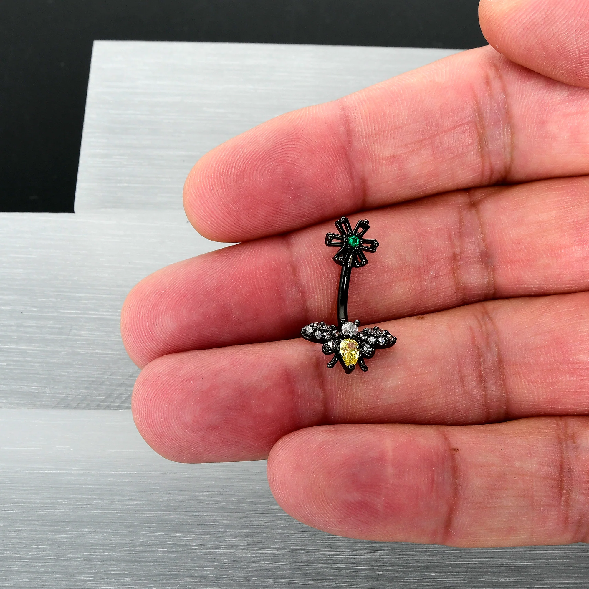 Yellow Clear Green Gem Black Butterfly Flower Double Mount Belly Ring - Image 7