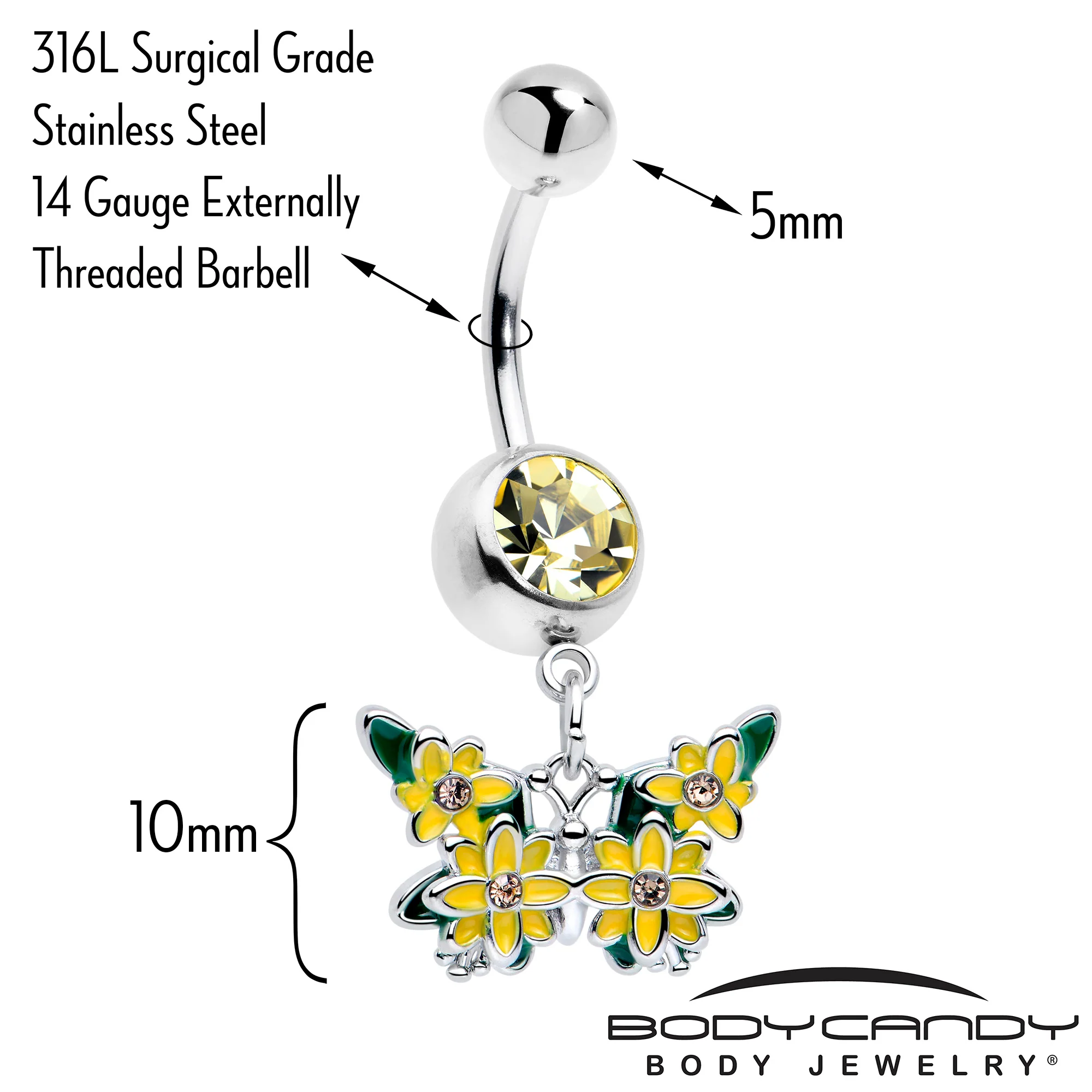 Yellow CZ Gem Blooming Butterfly Dangle Belly Ring - Image 2