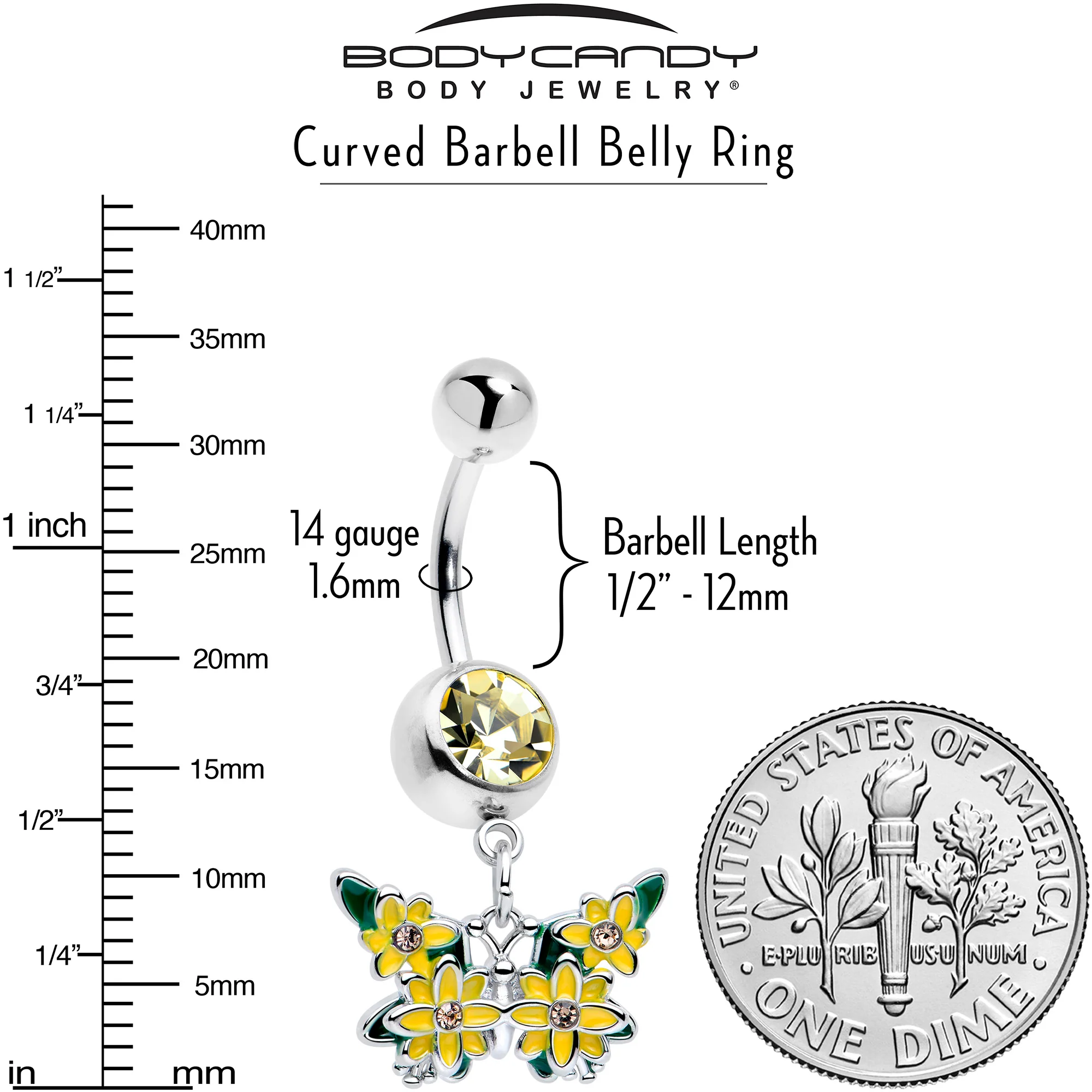 Yellow CZ Gem Blooming Butterfly Dangle Belly Ring - Image 3