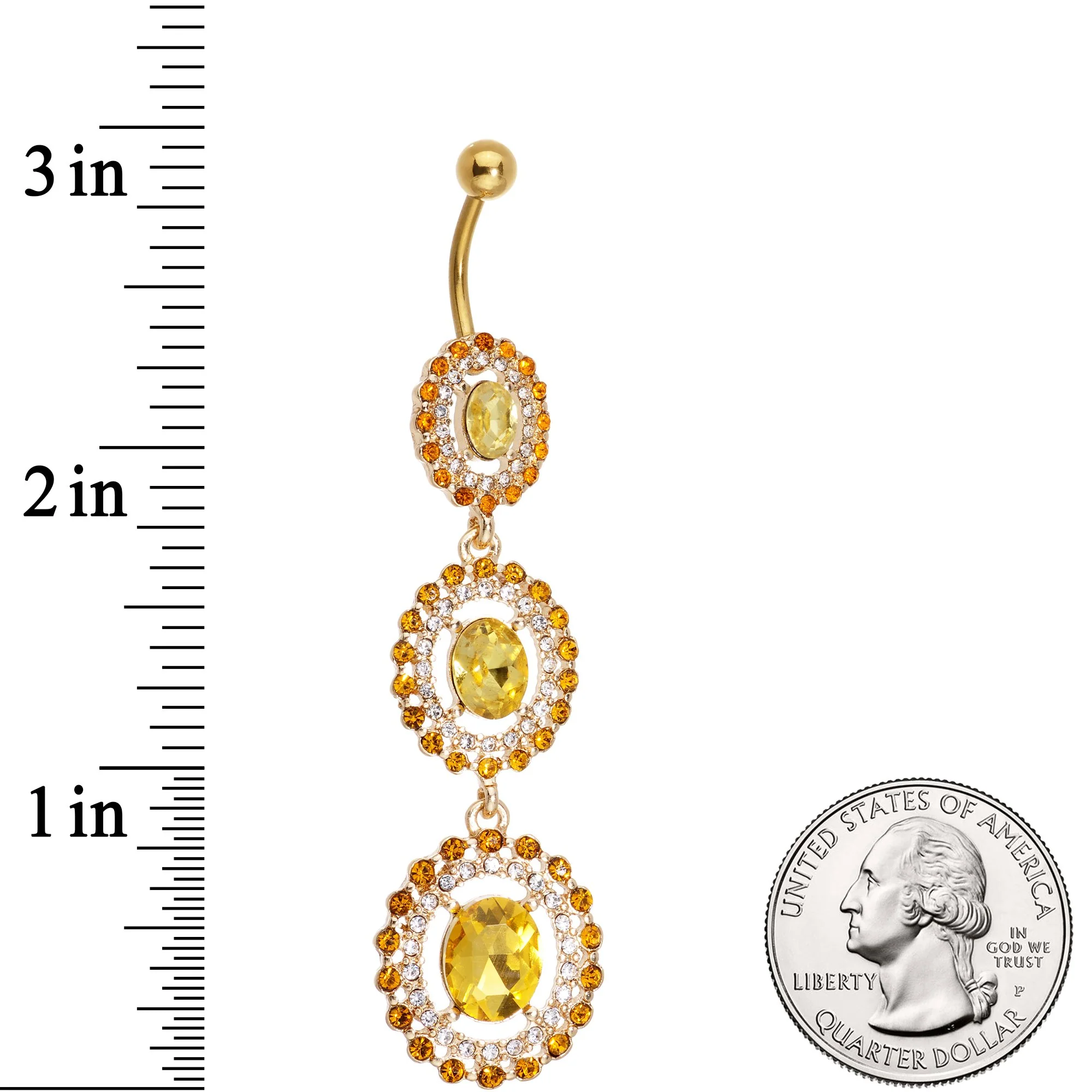 Yellow CZ Gem Gold Tone Triple Sunburst Dangle Belly Ring - Image 2
