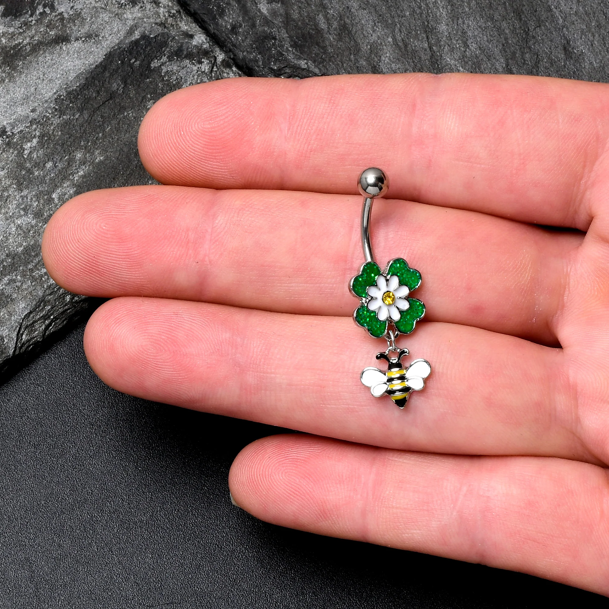 Yellow Gem Daisy Bee Glittery Dangle Belly Ring - Image 2